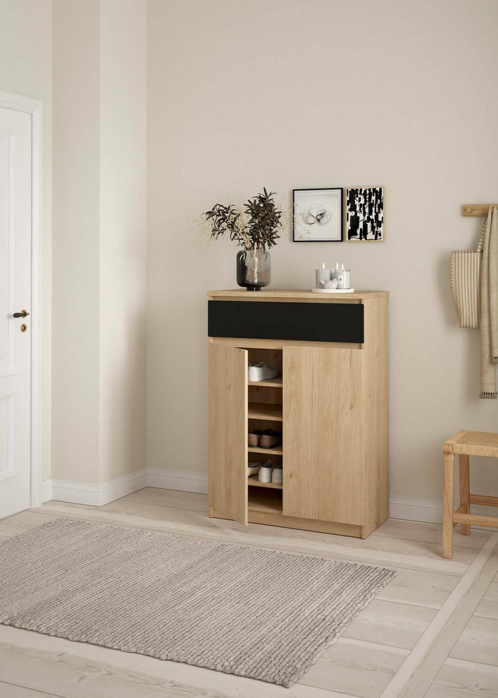 Scarpiera Angilops, Mobile portascarpe, Armadio da ingresso multiuso, Mobiletto per calzature, 80x40 h111 cm, Rovere e Nero