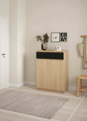 Scarpiera Angilops, Mobile portascarpe, Armadio da ingresso multiuso, Mobiletto per calzature, 80x40 h111 cm, Rovere e Nero