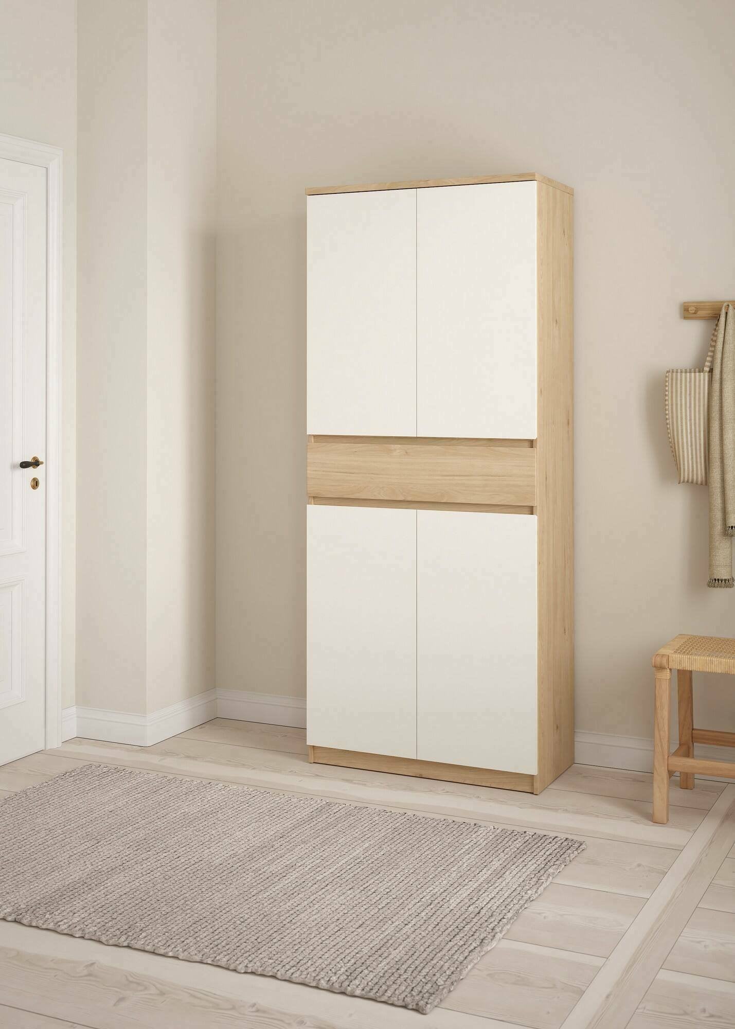 Scarpiera Jangmi, Mobile portascarpe, Armadio da ingresso multiuso, Mobiletto per calzature, 80x40 h192 cm, Rovere e Bianco