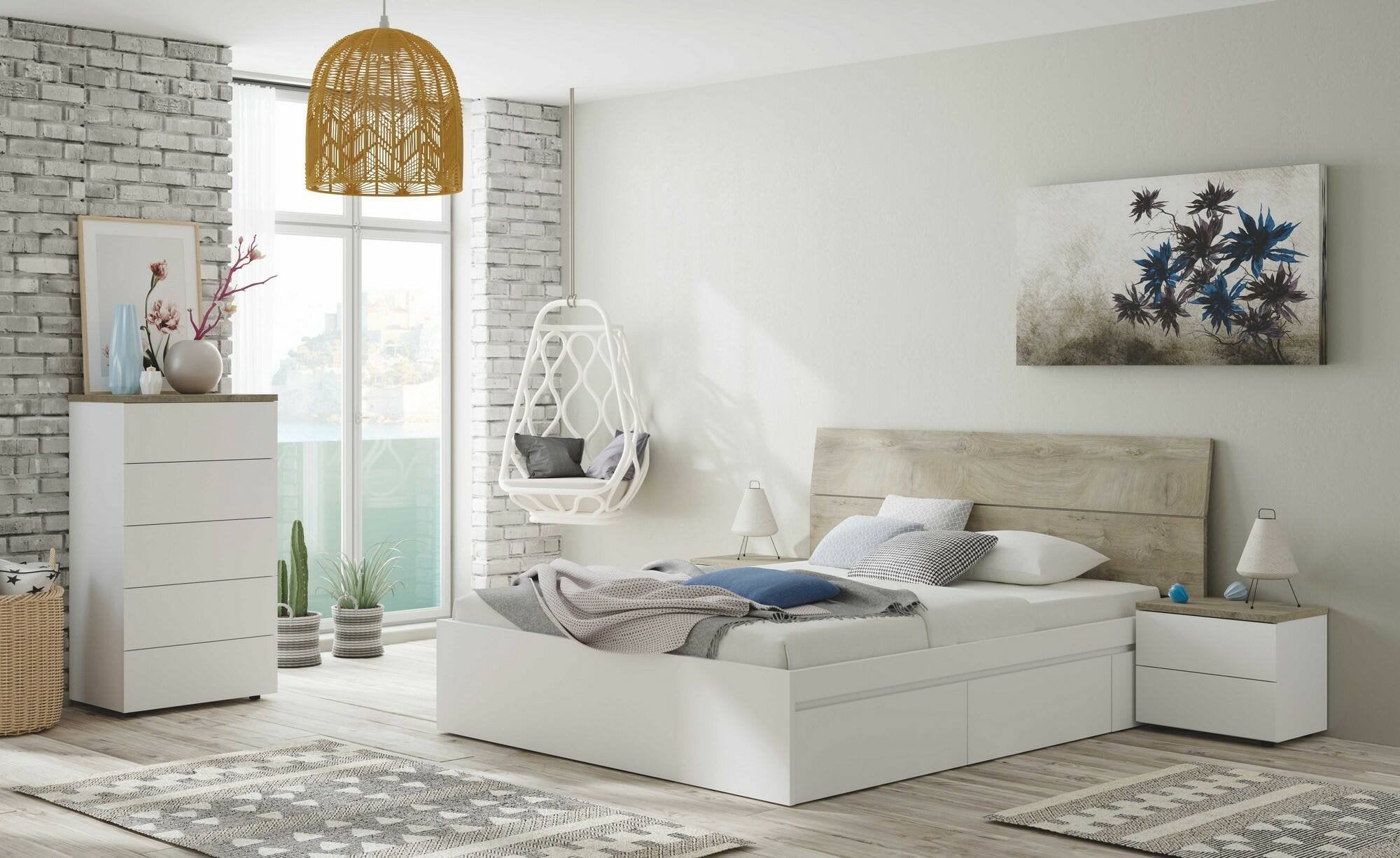 Testiera letto Assago, Spalliera, Testata per camera da letto, Poggiatesta, 176x6 h54 cm, Bianco e Rovere