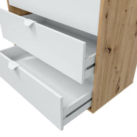 Comodino Spinello, Comò basso, Tavolino da notte, Mensola da letto, 78x40 h86 cm, Bianco e Rovere Nodi