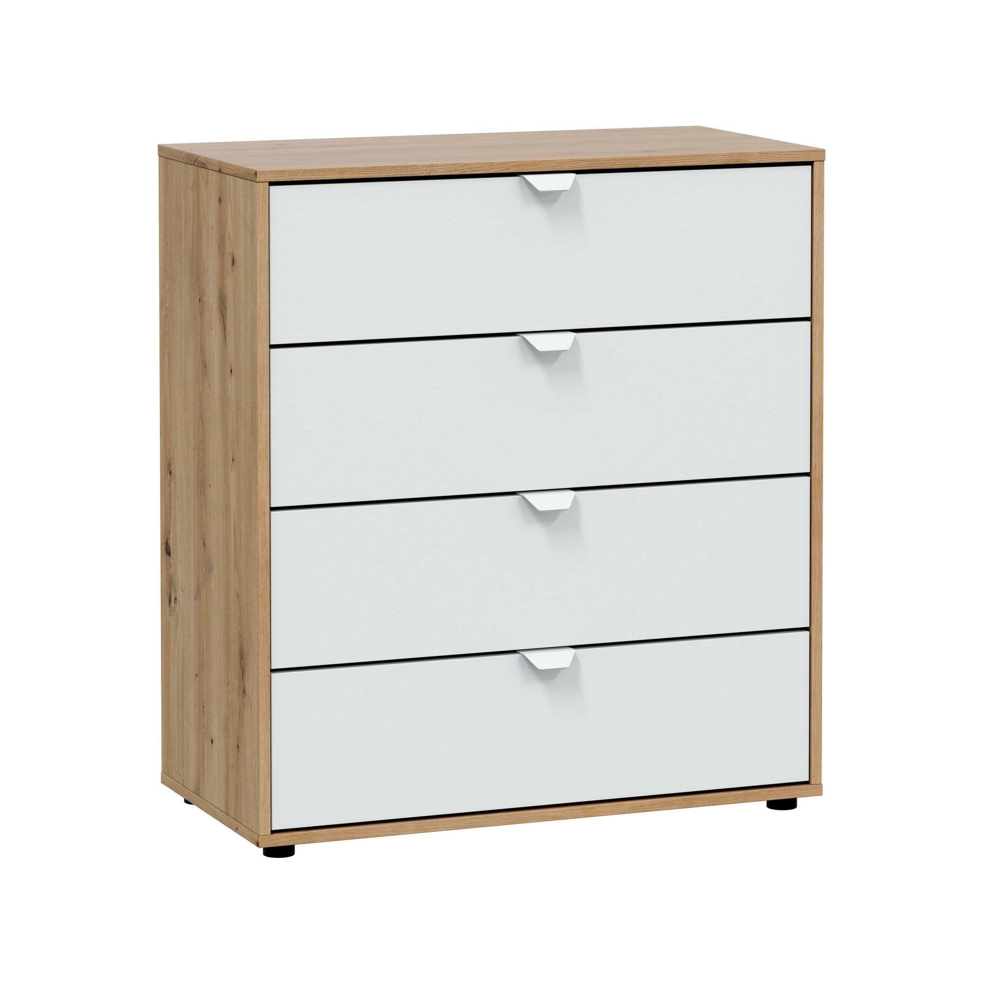 Comodino Spinello, Comò basso, Tavolino da notte, Mensola da letto, 78x40 h86 cm, Bianco e Rovere Nodi