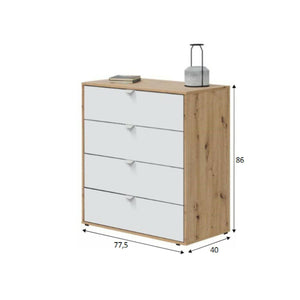 Comodino Spinello, Comò basso, Tavolino da notte, Mensola da letto, 78x40 h86 cm, Bianco e Rovere Nodi