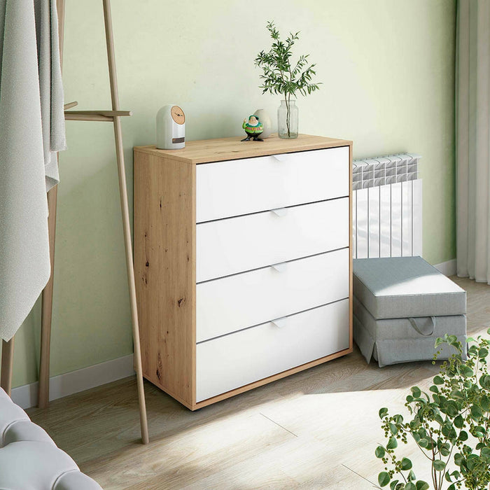 Comodino Spinello, Comò basso, Tavolino da notte, Mensola da letto, 78x40 h86 cm, Bianco e Rovere Nodi