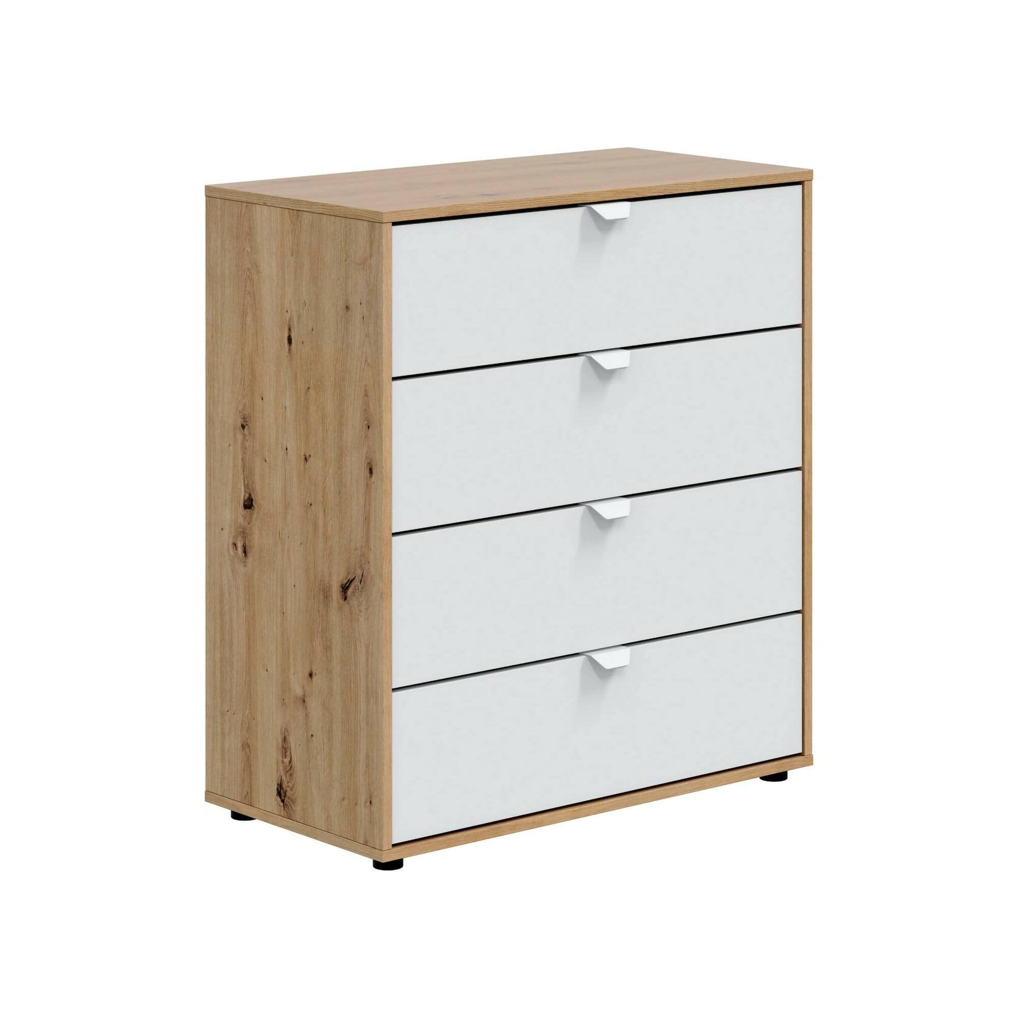 Comodino Spinello, Comò basso, Tavolino da notte, Mensola da letto, 78x40 h86 cm, Bianco e Rovere Nodi