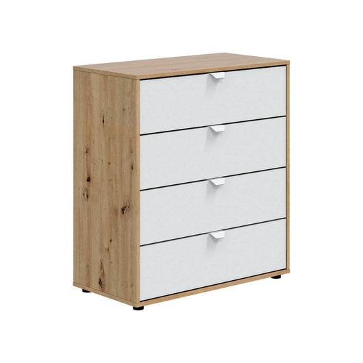 Comodino Spinello, Comò basso, Tavolino da notte, Mensola da letto, 78x40 h86 cm, Bianco e Rovere Nodi