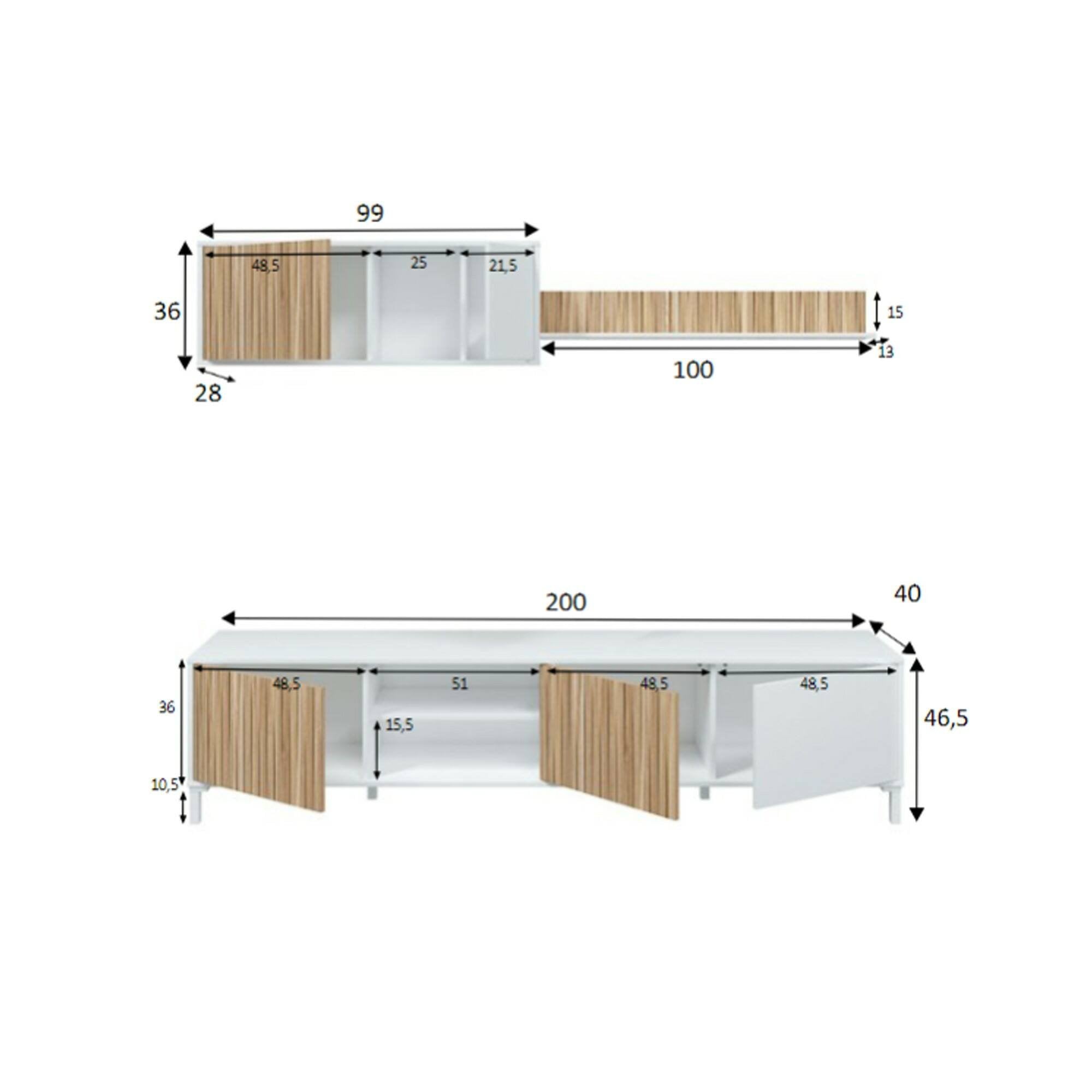 Parete attrezzata Ailano, Composizione soggiorno, Mobile salotto multiuso, Armadio porta TV, 200x40 h47 cm, Bianco e Rovere