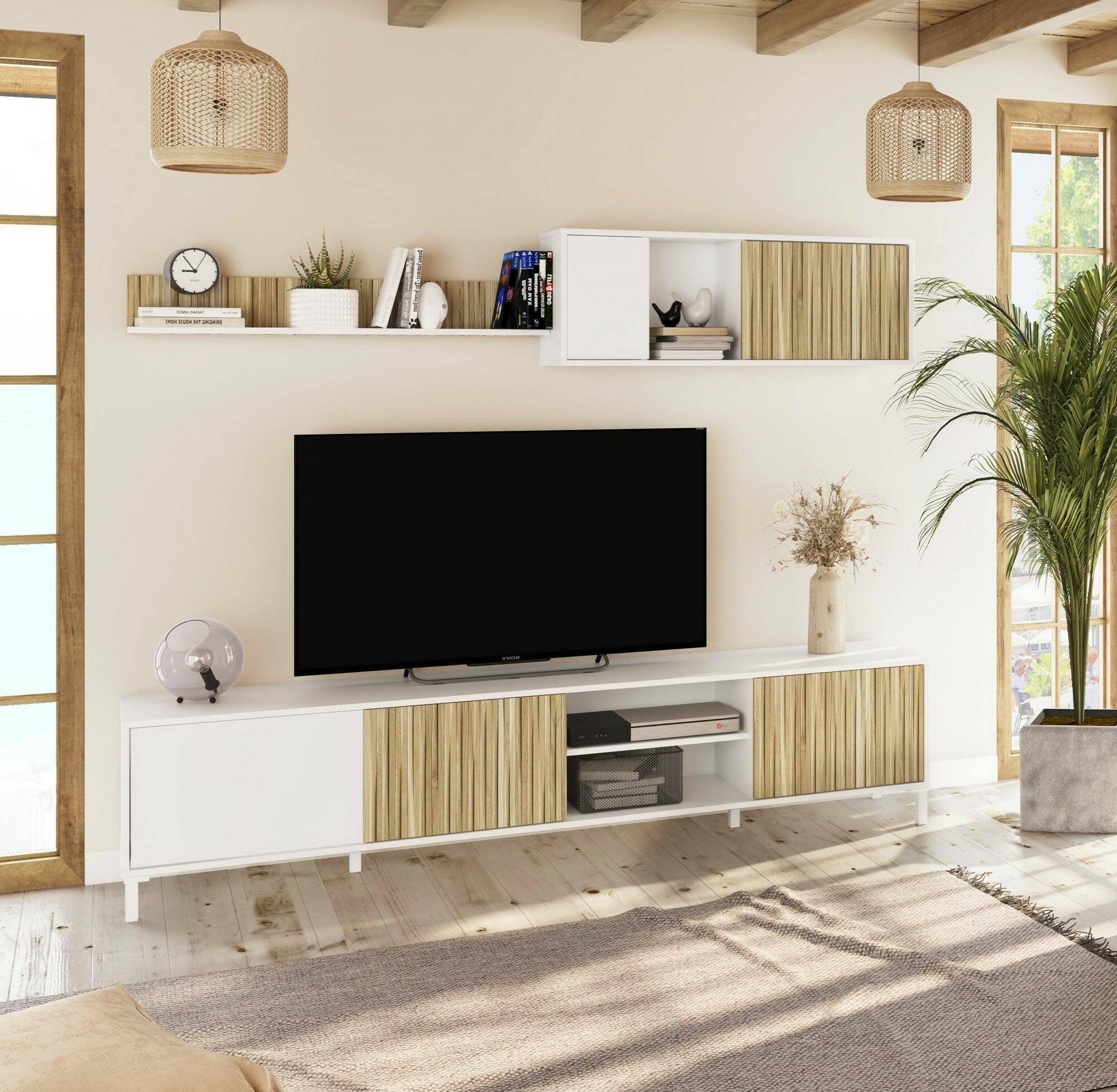 Parete attrezzata Ailano, Composizione soggiorno, Mobile salotto multiuso, Armadio porta TV, 200x40 h47 cm, Bianco e Rovere