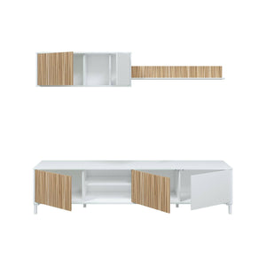 Parete attrezzata Ailano, Composizione soggiorno, Mobile salotto multiuso, Armadio porta TV, 200x40 h47 cm, Bianco e Rovere