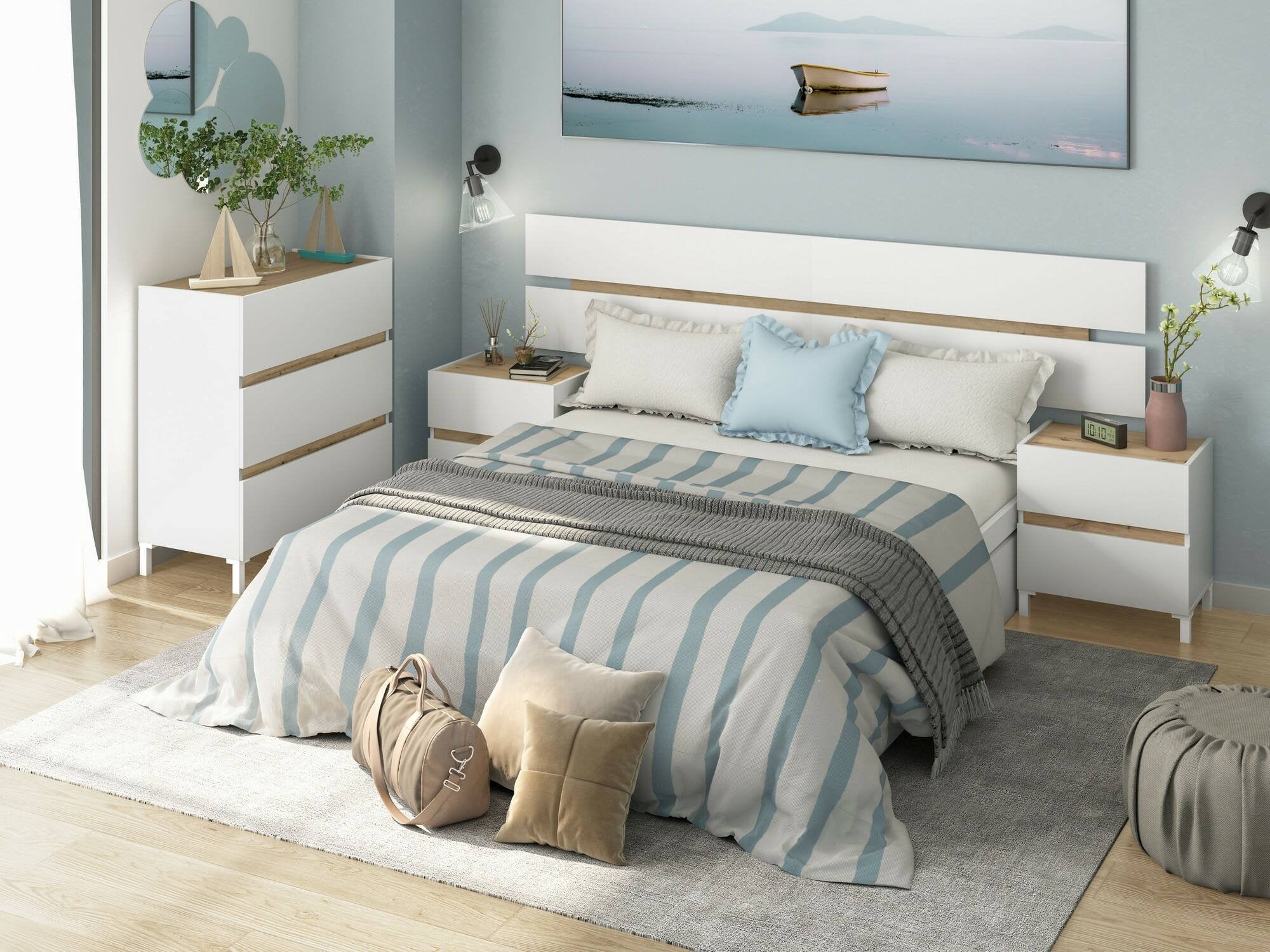 Testiera letto Dado, Spalliera, Testata per camera da letto, Poggiatesta, 216x3 h47 cm, Bianco e Rovere Nodi