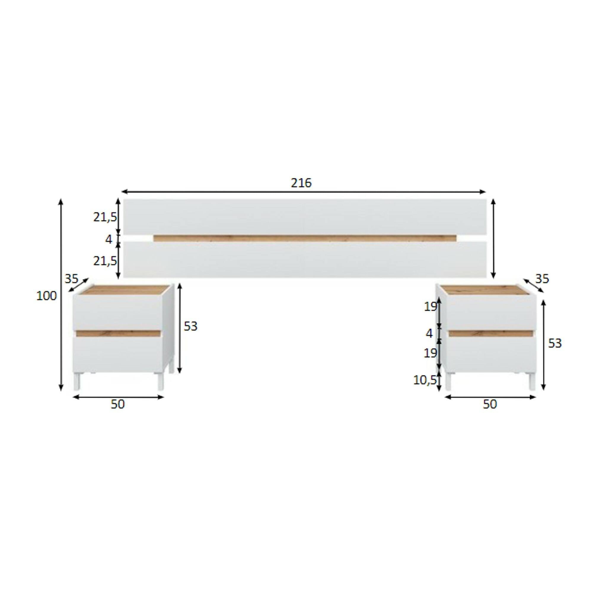 Testiera letto Dado, Spalliera, Testata per camera da letto, Poggiatesta, 216x3 h47 cm, Bianco e Rovere Nodi