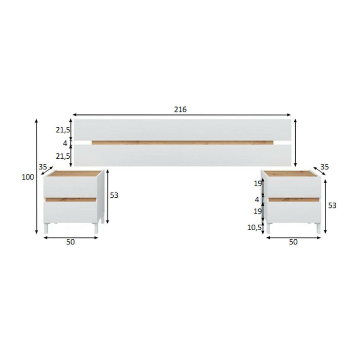 Testiera letto Dado, Spalliera, Testata per camera da letto, Poggiatesta, 216x3 h47 cm, Bianco e Rovere Nodi