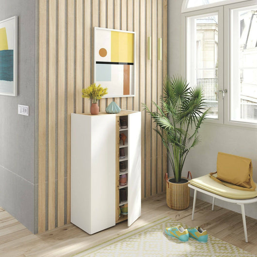 Scarpiera Gotto, Mobile portascarpe, Armadio da ingresso multiuso, Mobiletto per calzature, 57x35 h102 cm, Bianco e Rovere Nodi
