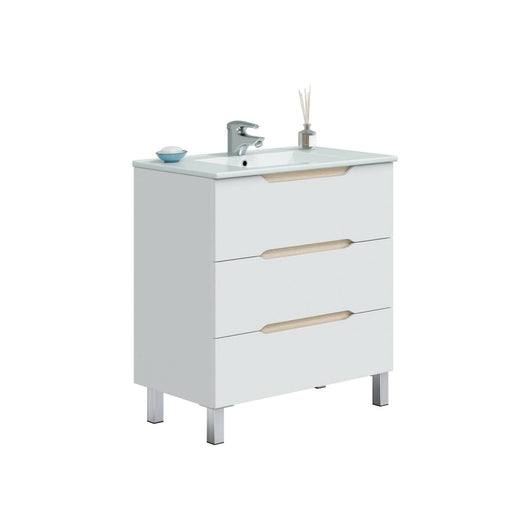 Mobile sottolavabo Dianmu, Mobiletto da bagno, Contenitore porta lavabo, Armadio per lavandino, 80x45 h86 cm, Bianco lucido e Rovere