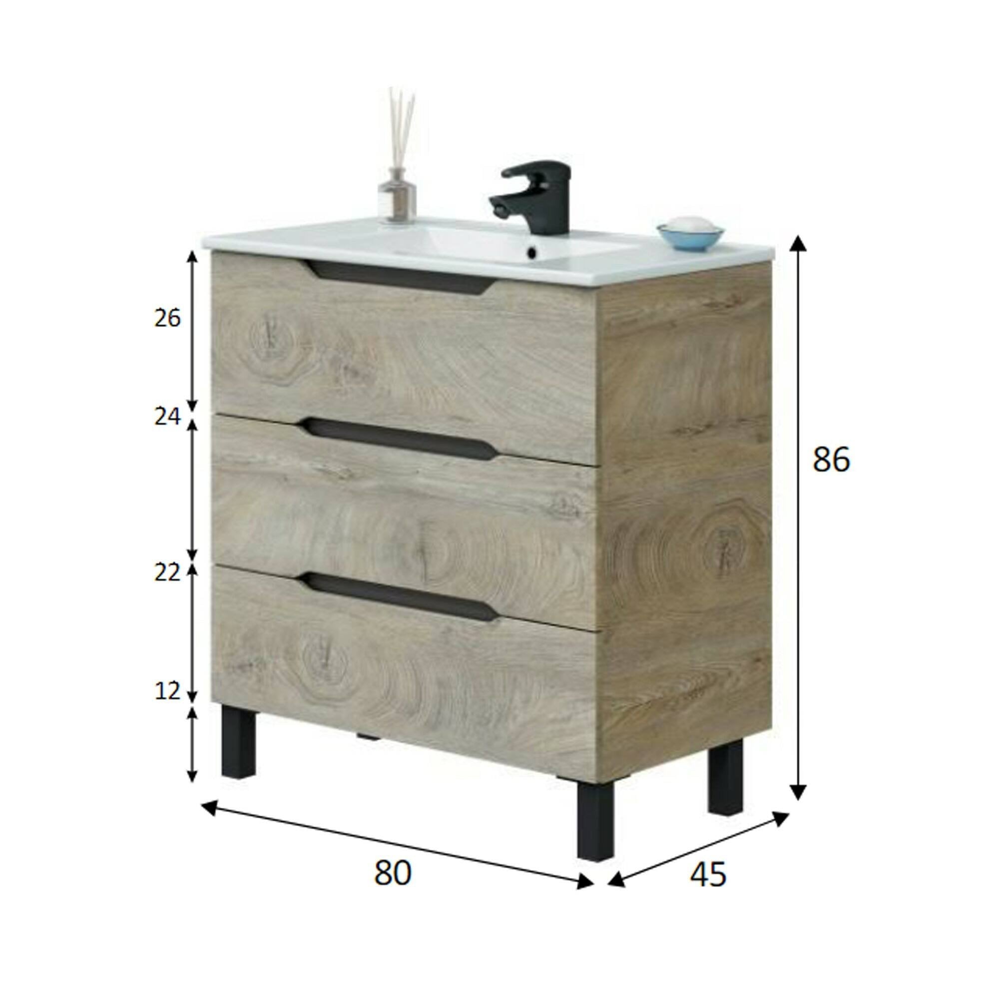 Mobile sottolavabo Dianmu, Mobiletto da bagno, Contenitore porta lavabo, Armadio per lavandino, 80x45 h86 cm, Antracite e Rovere