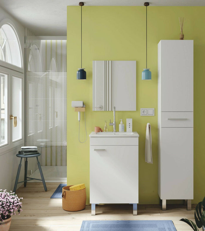 Mobile sottolavabo Iselle, Mobiletto da bagno, Contenitore porta lavabo, Armadio per lavandino, 50x39 h80 cm, Bianco lucido