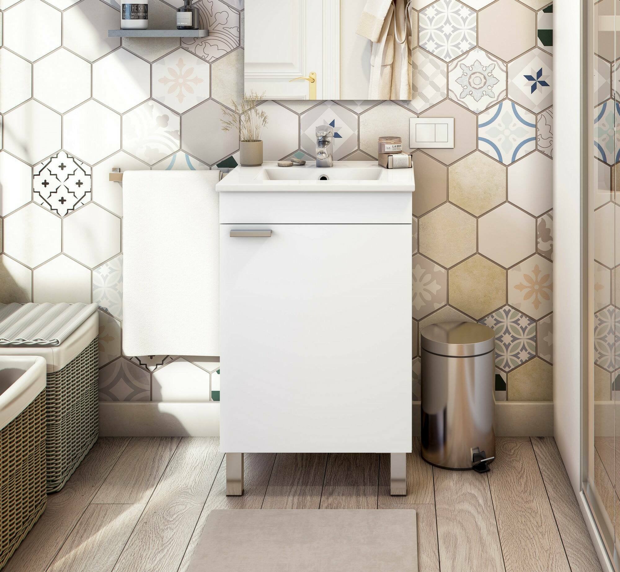 Mobile sottolavabo Iselle, Mobiletto da bagno, Contenitore porta lavabo, Armadio per lavandino, 50x39 h80 cm, Bianco lucido