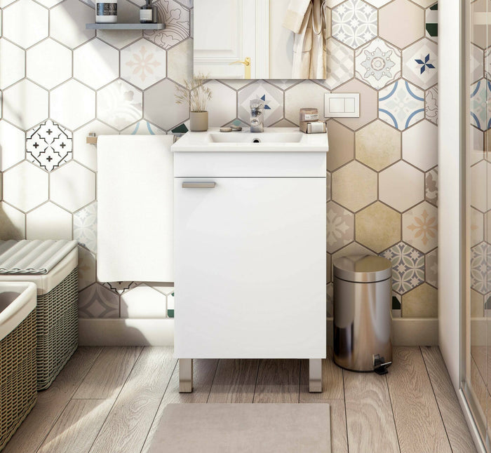 Mobile sottolavabo Iselle, Mobiletto da bagno, Contenitore porta lavabo, Armadio per lavandino, 50x39 h80 cm, Bianco lucido