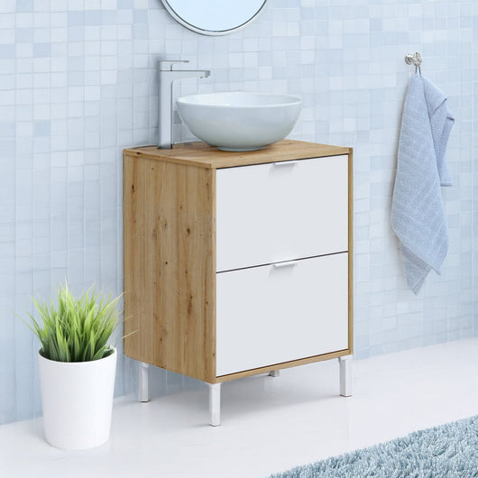 Mobile sottolavabo Lisbona, Mobiletto da bagno, Contenitore porta lavabo, Armadio per lavandino, 61x46 h79 cm, Rovere Nodi e Bianco lucido