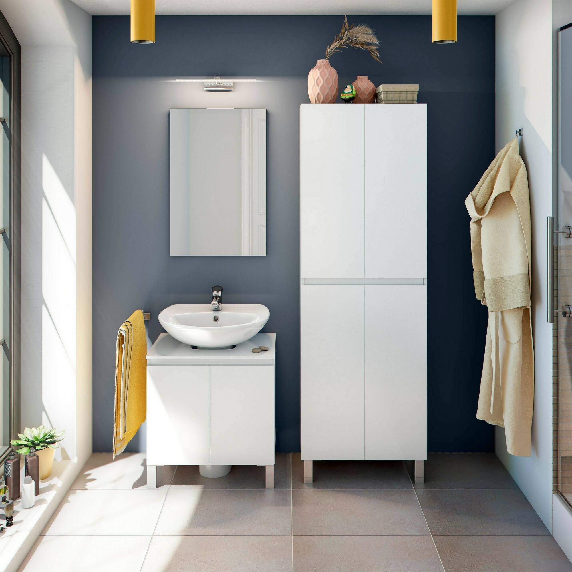 Mobile sottolavabo Jerome, Mobiletto da bagno, Contenitore porta lavabo, Armadio per lavandino, 60x40 h64 cm, Bianco lucido