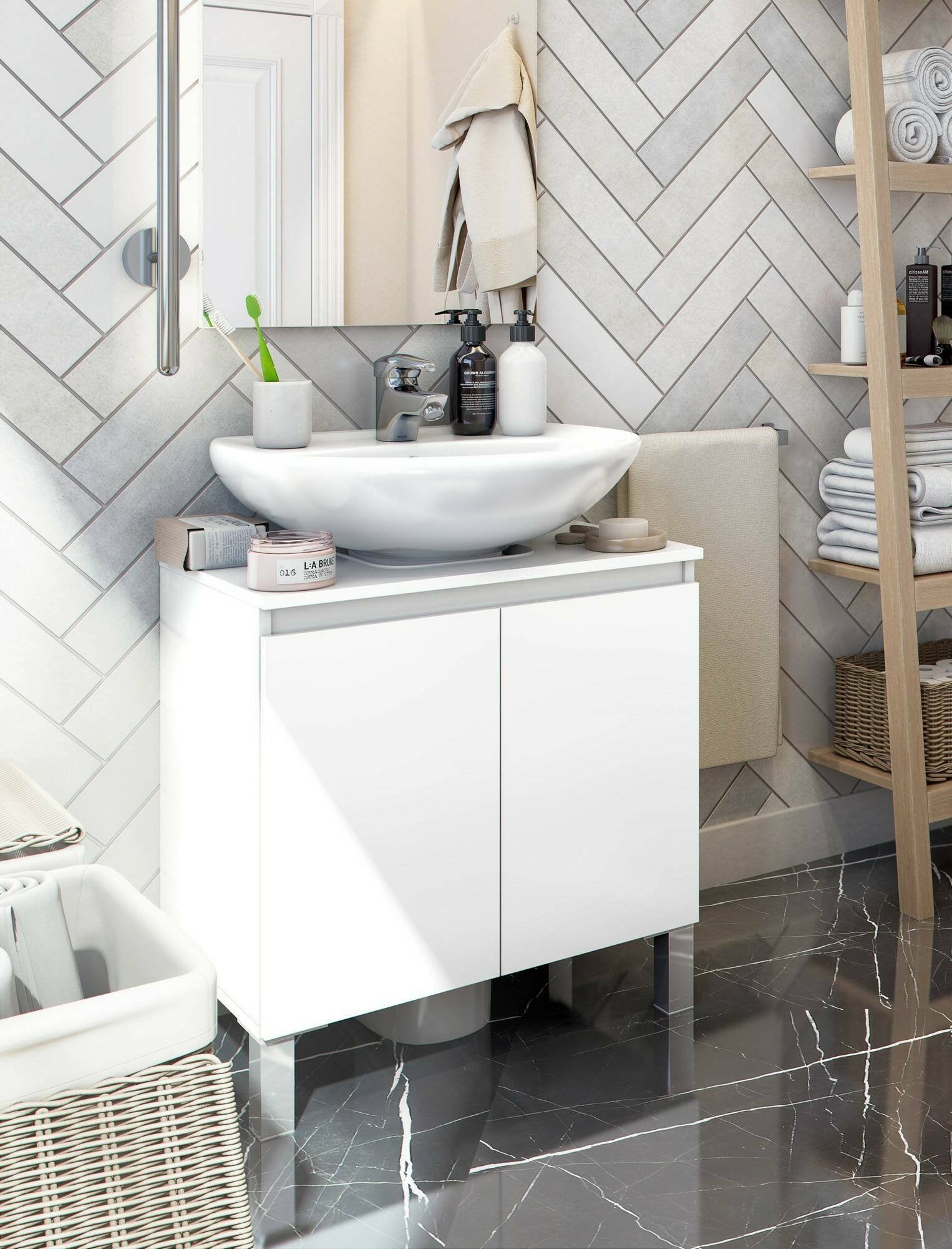 Mobile sottolavabo Jerome, Mobiletto da bagno, Contenitore porta lavabo, Armadio per lavandino, 60x40 h64 cm, Bianco lucido