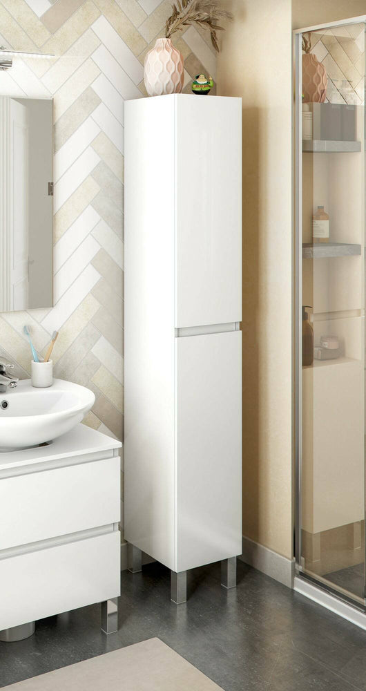 Mobile colonna Noru, Pensile bagno o cucina, Armadio alto multifunzione, Mobiletto multiuso, 30x35 h182 cm, Bianco lucido