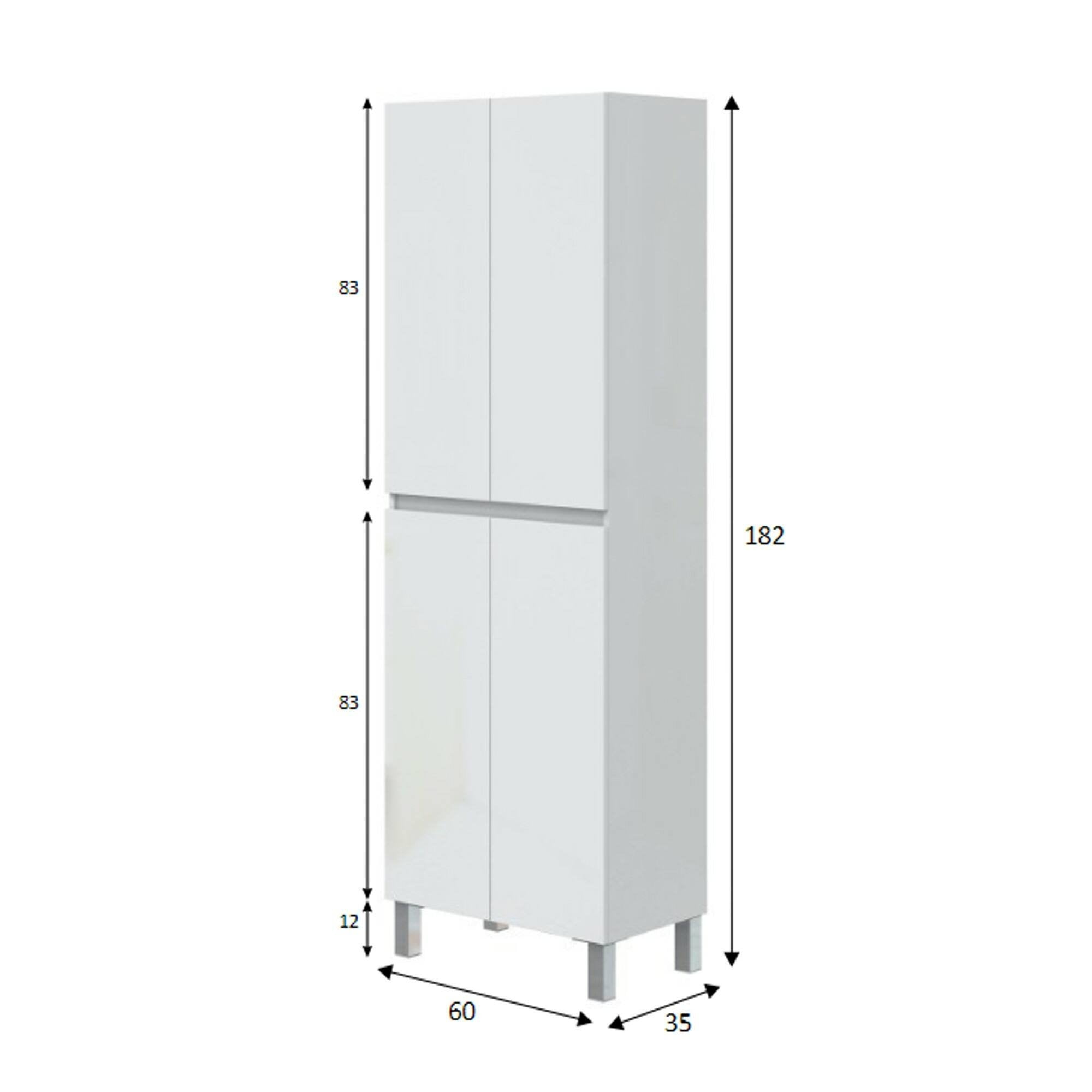Mobile colonna Fabian, Pensile bagno o cucina, Armadio alto multifunzione, Mobiletto multiuso, 60x35 h182 cm, Bianco lucido