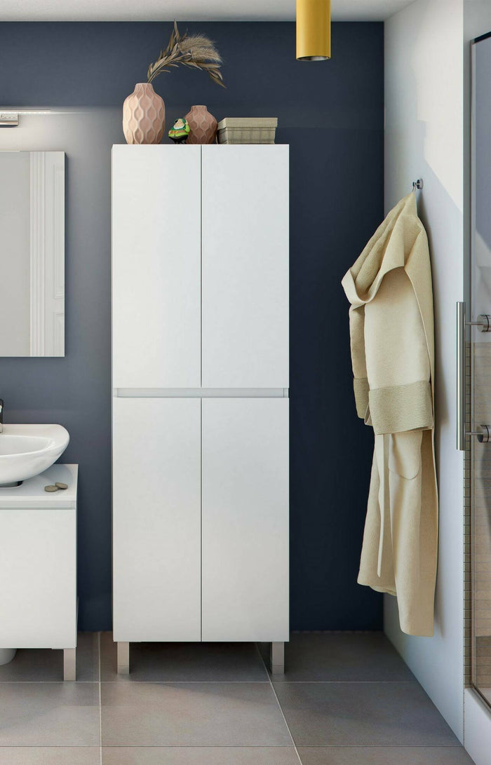 Mobile colonna Fabian, Pensile bagno o cucina, Armadio alto multifunzione, Mobiletto multiuso, 60x35 h182 cm, Bianco lucido