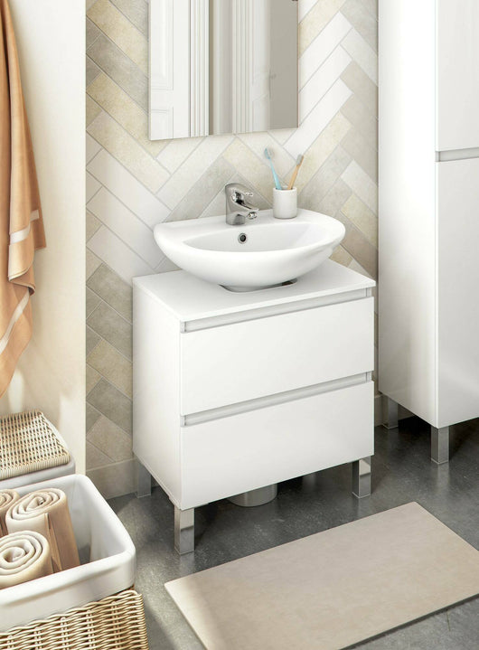 Mobile sottolavabo Avola, Mobiletto da bagno, Contenitore porta lavabo, Armadio per lavandino, 60x40 h64 cm, Bianco lucido