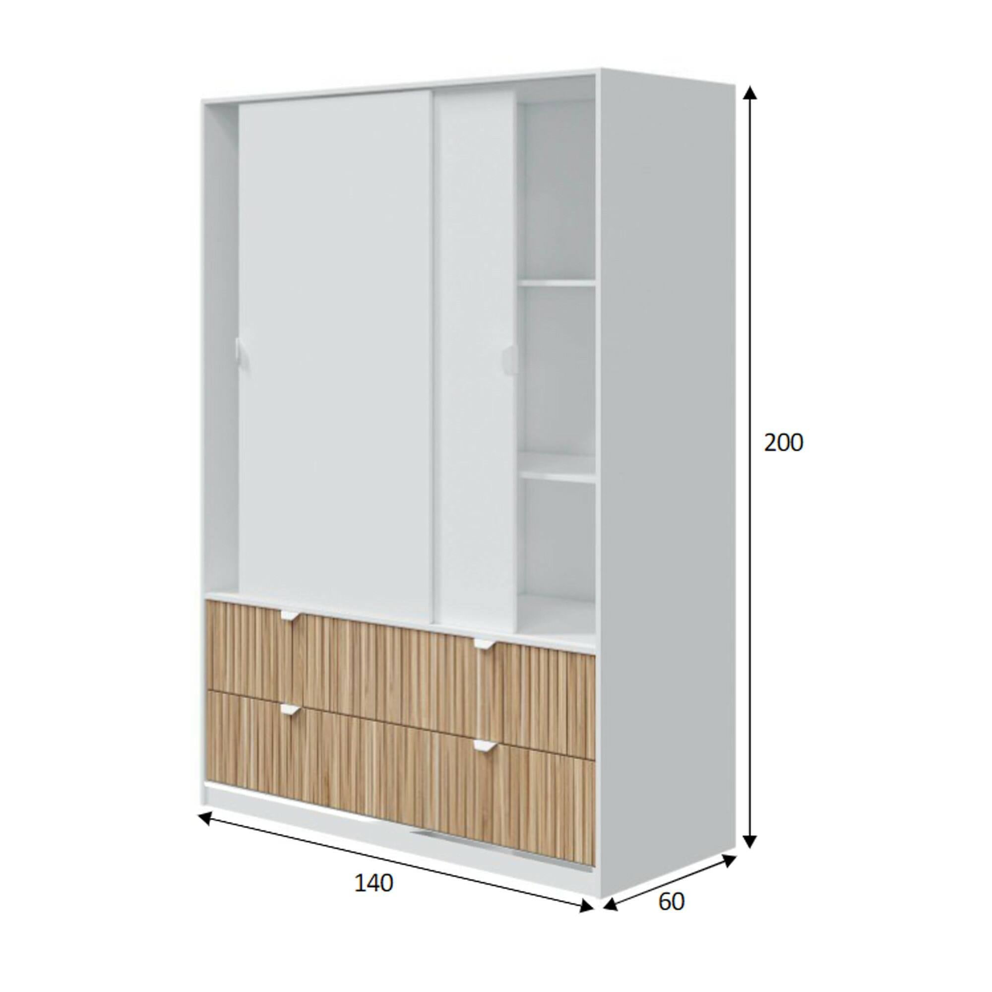 Guardaroba 2 ante Ineng, Mobile camera da letto, Cabina armadio portabiti, Armadio appendiabiti, 140x60 h200 cm, Bianco e Rovere