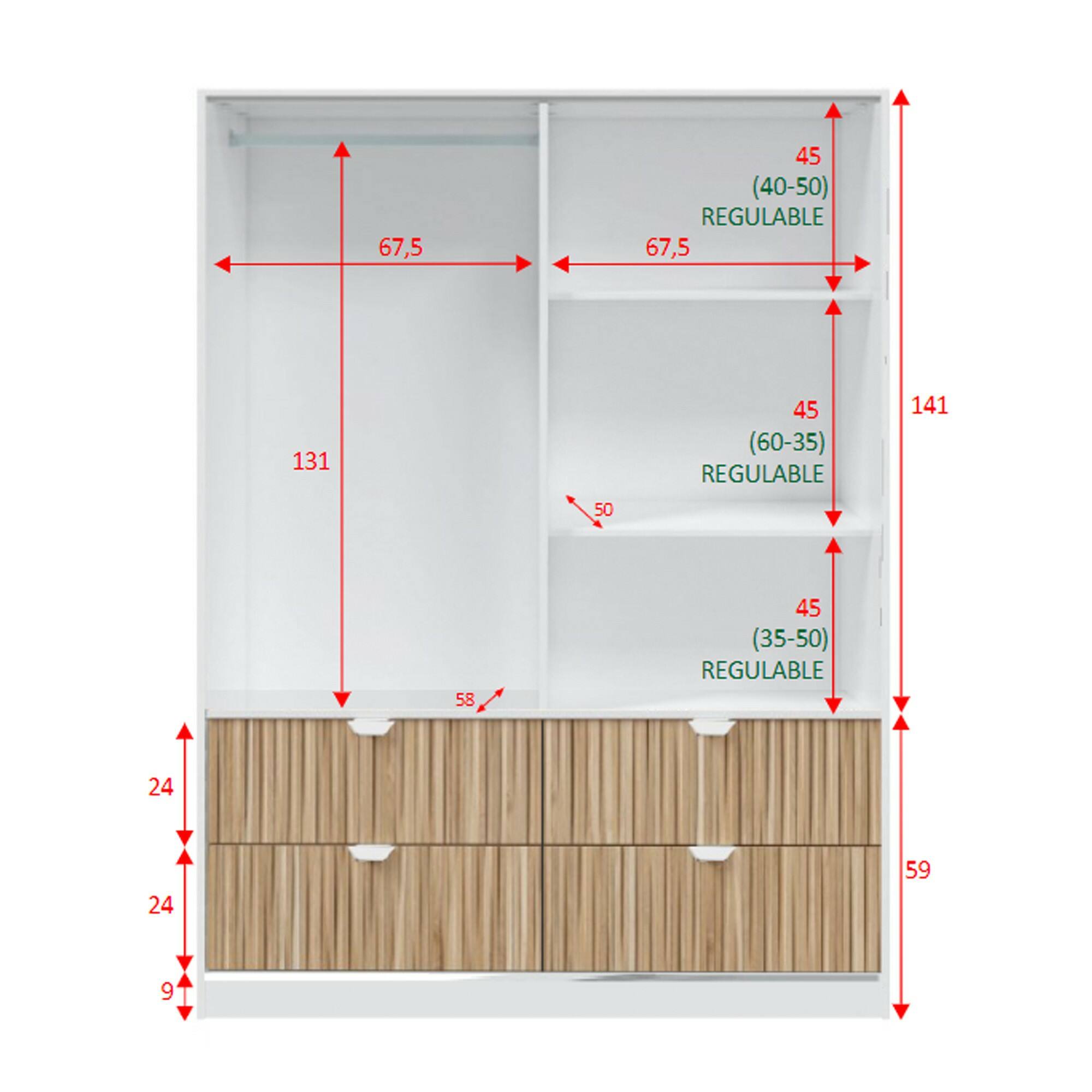 Guardaroba 2 ante Ineng, Mobile camera da letto, Cabina armadio portabiti, Armadio appendiabiti, 140x60 h200 cm, Bianco e Rovere
