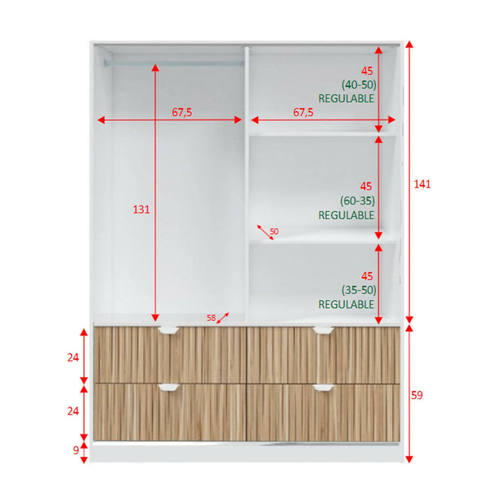 Guardaroba 2 ante Ineng, Mobile camera da letto, Cabina armadio portabiti, Armadio appendiabiti, 140x60 h200 cm, Bianco e Rovere
