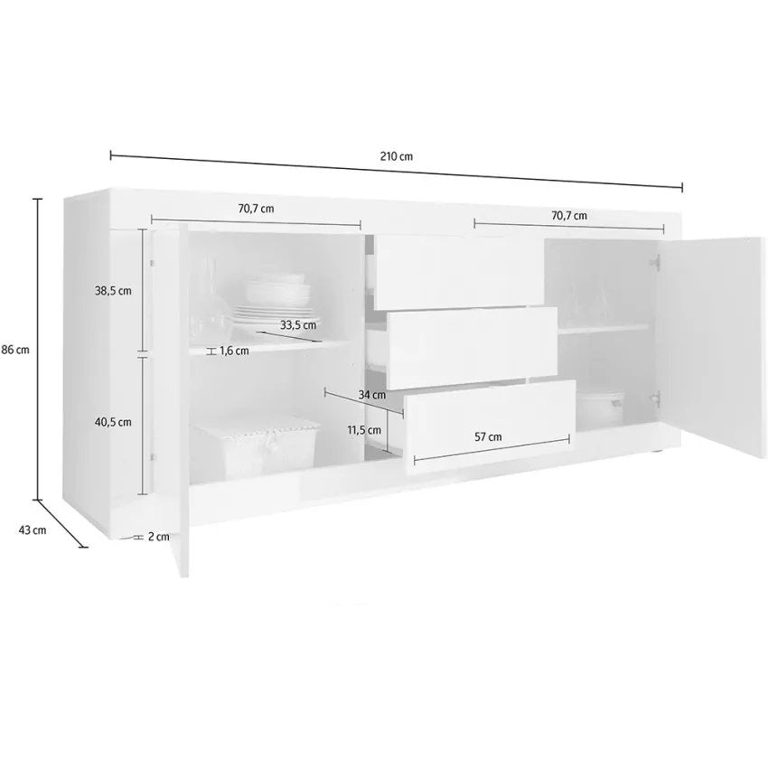 Madia Pasubio, Credenza 2 Ripiani, 210x42x85.8h cm Bianco Lucido