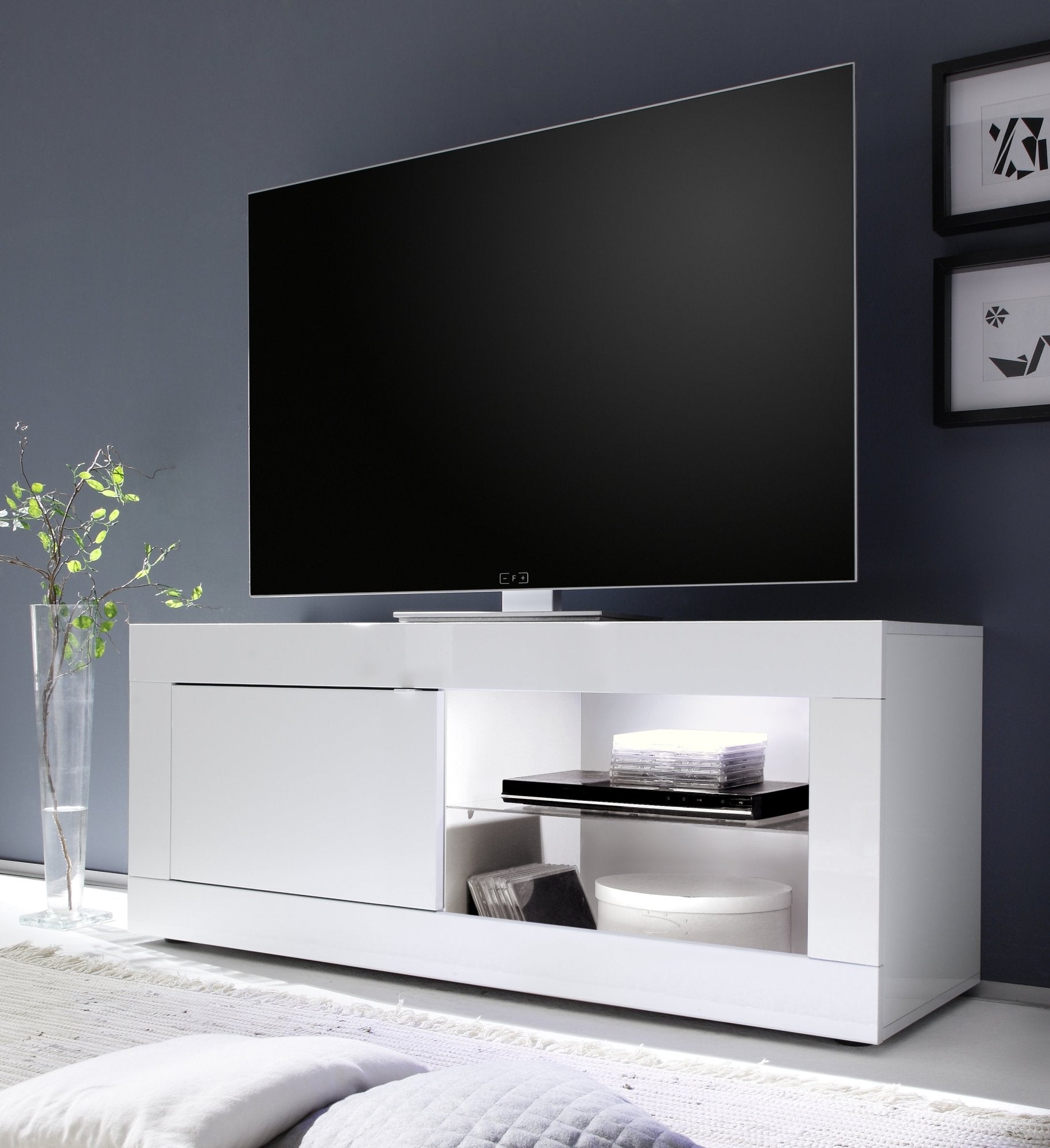 Gambara, Mobile Porta tv 2 Ripiani, 140x43x56h cm Bianco Lucido