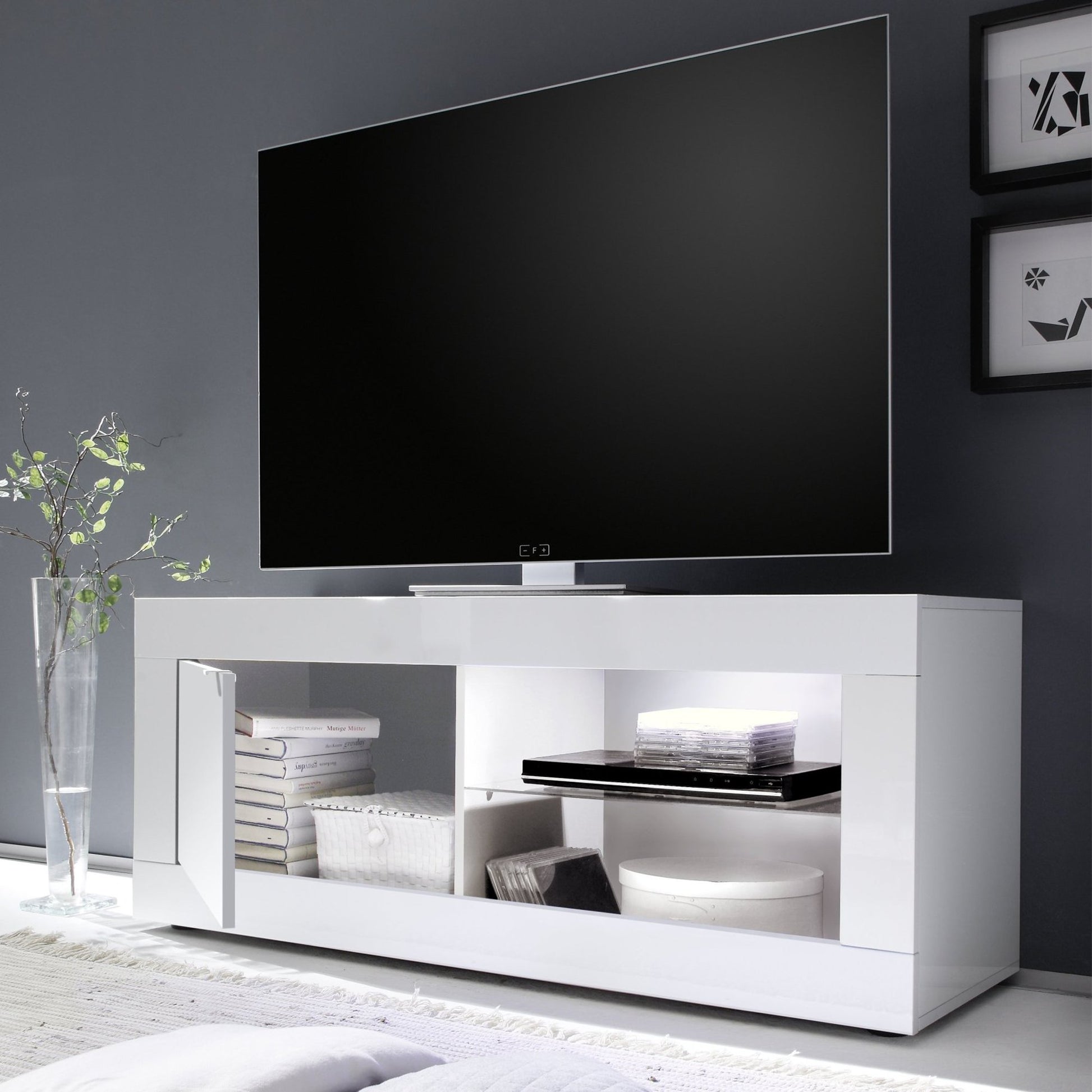 Gambara, Mobile Porta tv 2 Ripiani, 140x43x56h cm Bianco Lucido