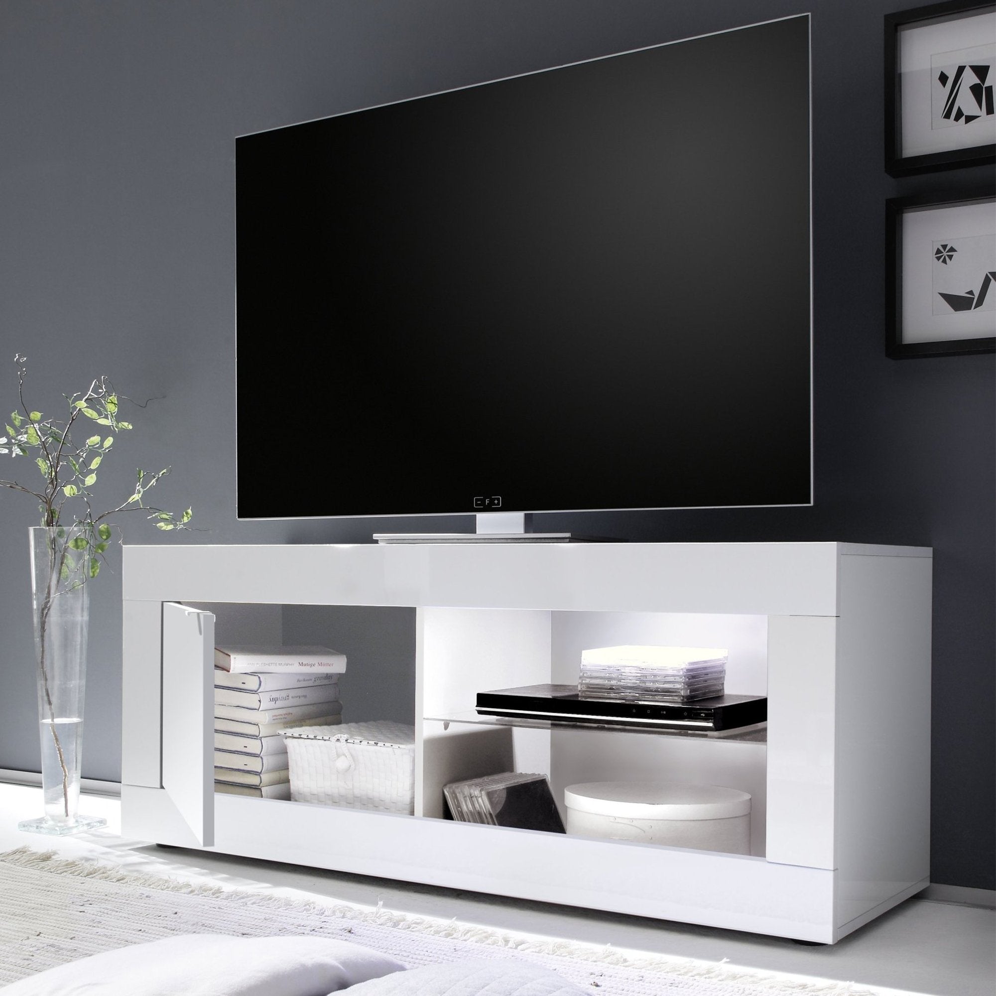 Gambara, Mobile Porta tv 2 Ripiani, 140x43x56h cm Bianco Lucido
