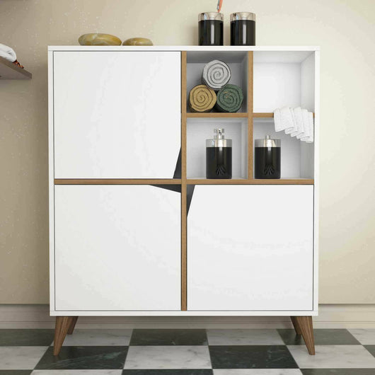 Credenza Londra, Buffet da soggiorno, Madia da salotto, Dispensa da cucina, 100x30 h115 cm, Bianco e Noce