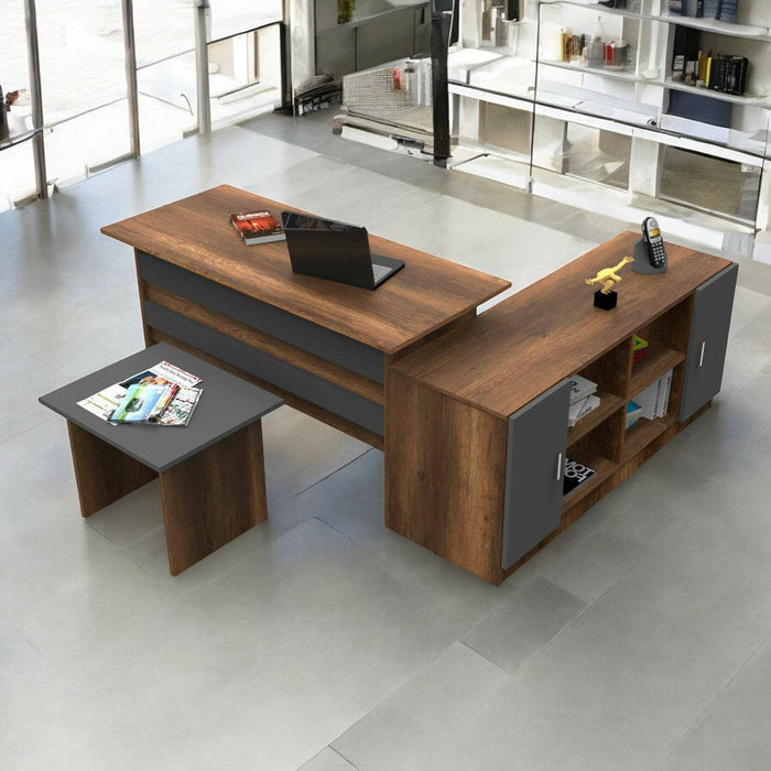 Set da ufficio Harriet, Composizione da studio, Kit ufficio, Set scrivania e cassettiera, Noce e Antracite