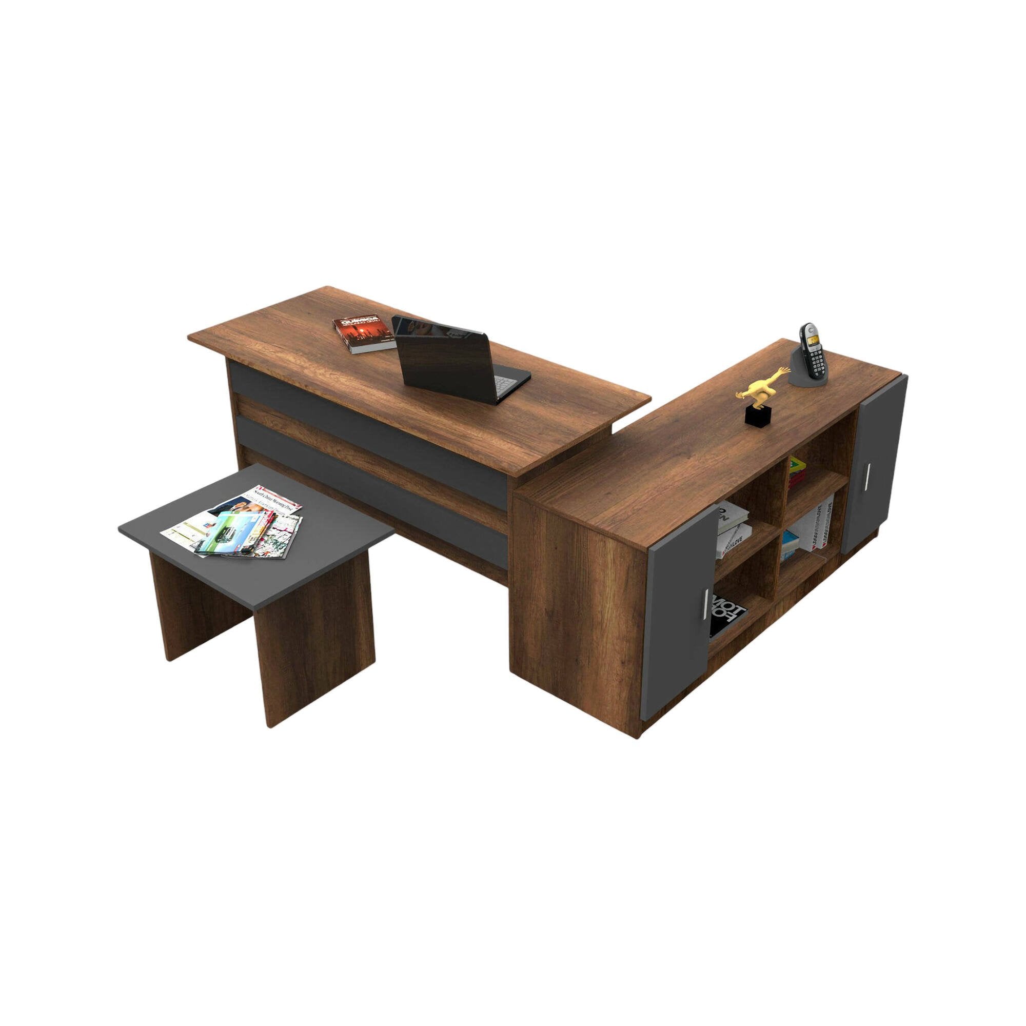 Set da ufficio Harriet, Composizione da studio, Kit ufficio, Set scrivania e cassettiera, Noce e Antracite