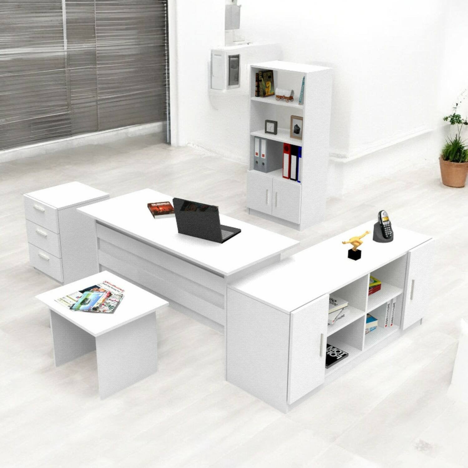 Set da ufficio Hilda, Composizione da studio, Kit ufficio, Set scrivania e cassettiera, Bianco