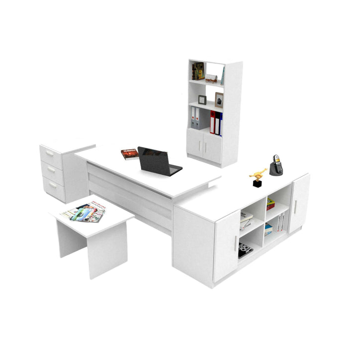 Set da ufficio Hilda, Composizione da studio, Kit ufficio, Set scrivania e cassettiera, Bianco