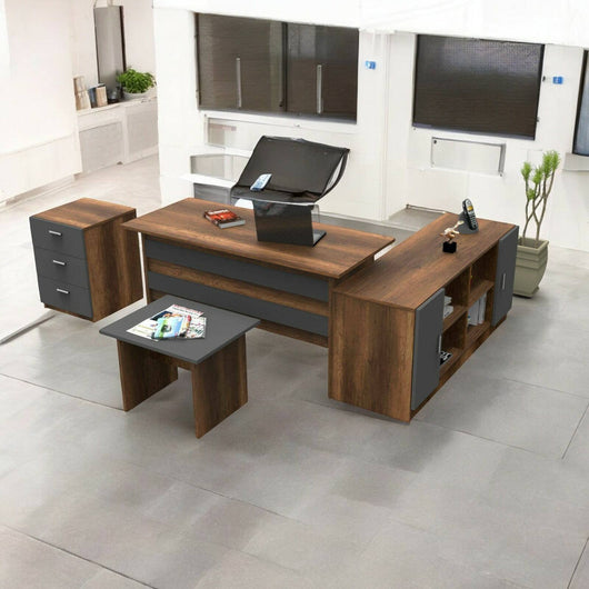 Set da ufficio Abutilon, Composizione da studio, Kit ufficio, Set scrivania e cassettiera, Noce e Antracite