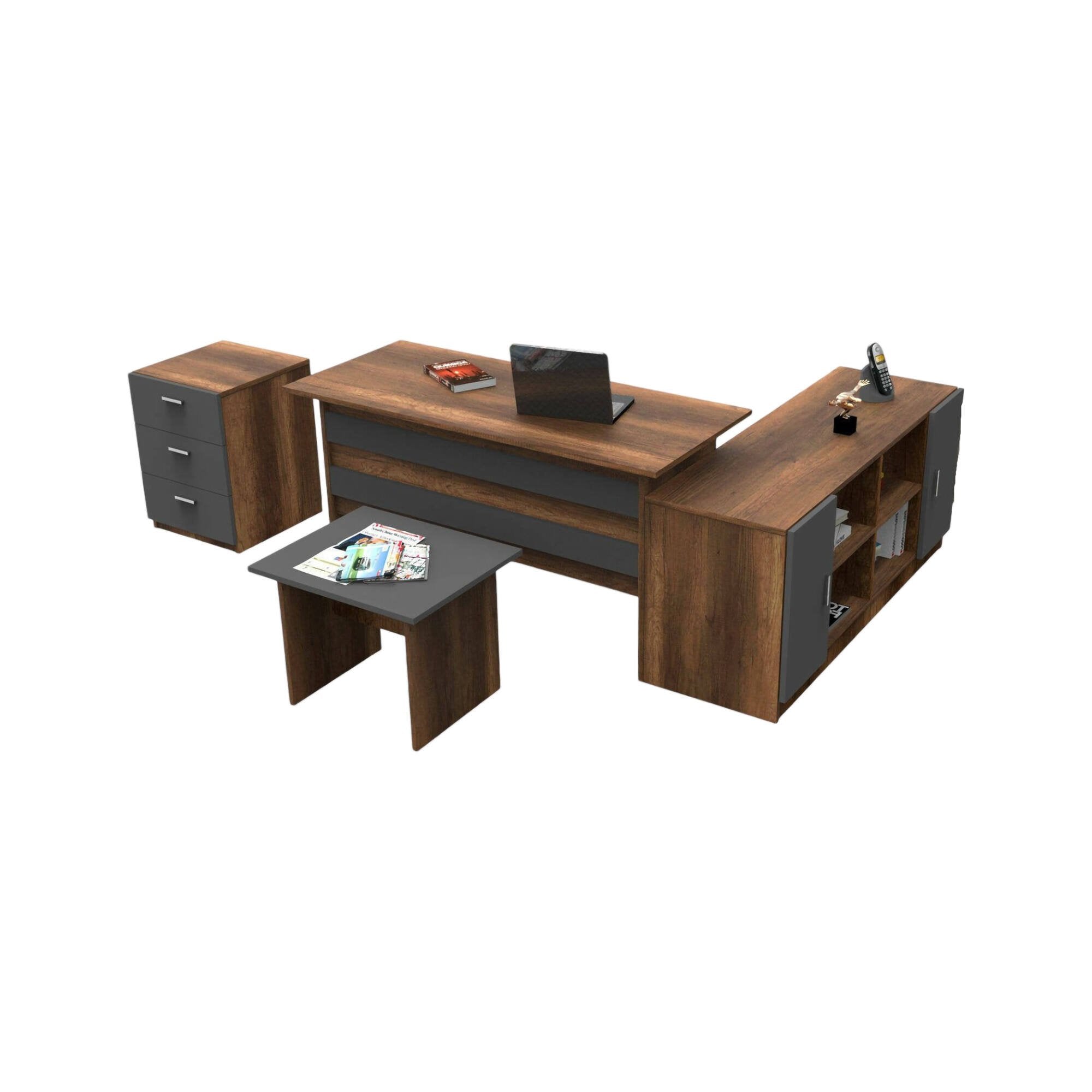 Set da ufficio Abutilon, Composizione da studio, Kit ufficio, Set scrivania e cassettiera, Noce e Antracite