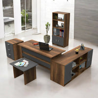 Set da ufficio Hilda, Composizione da studio, Kit ufficio, Set scrivania e cassettiera, Noce e Antracite