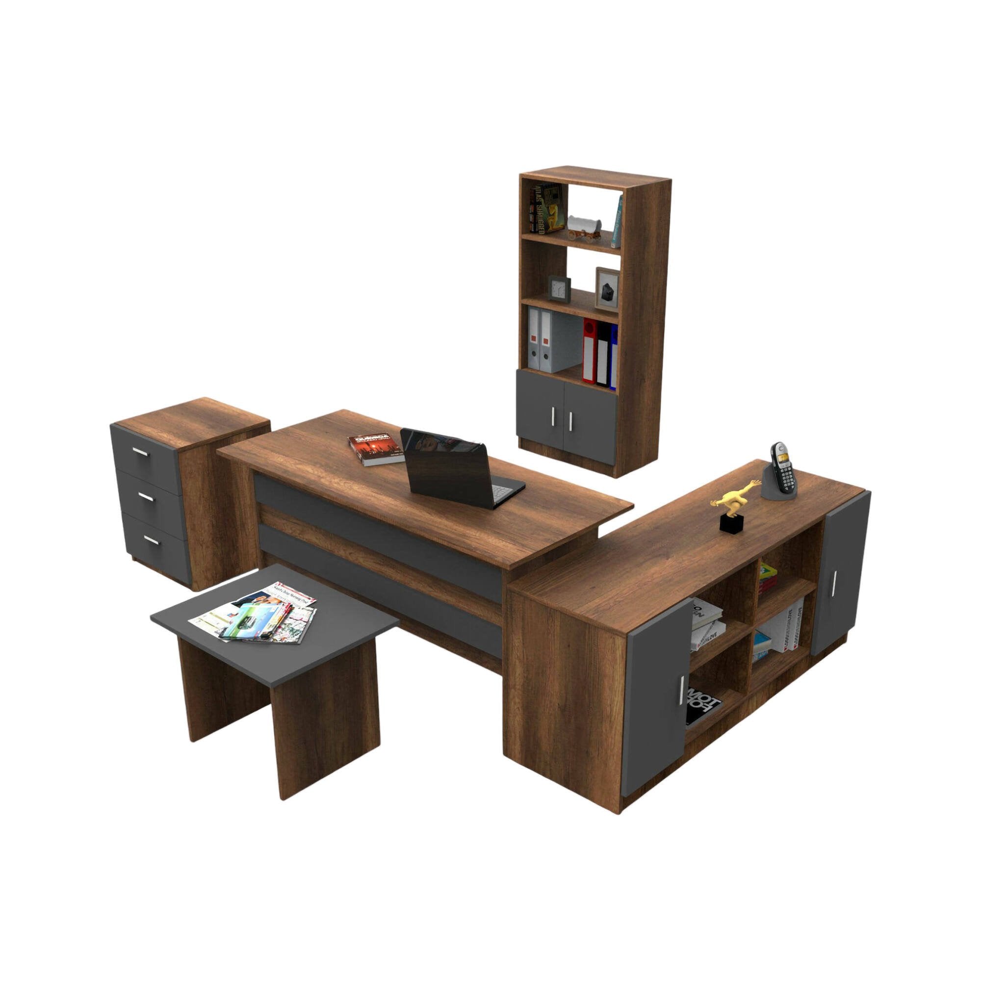 Set da ufficio Hilda, Composizione da studio, Kit ufficio, Set scrivania e cassettiera, Noce e Antracite