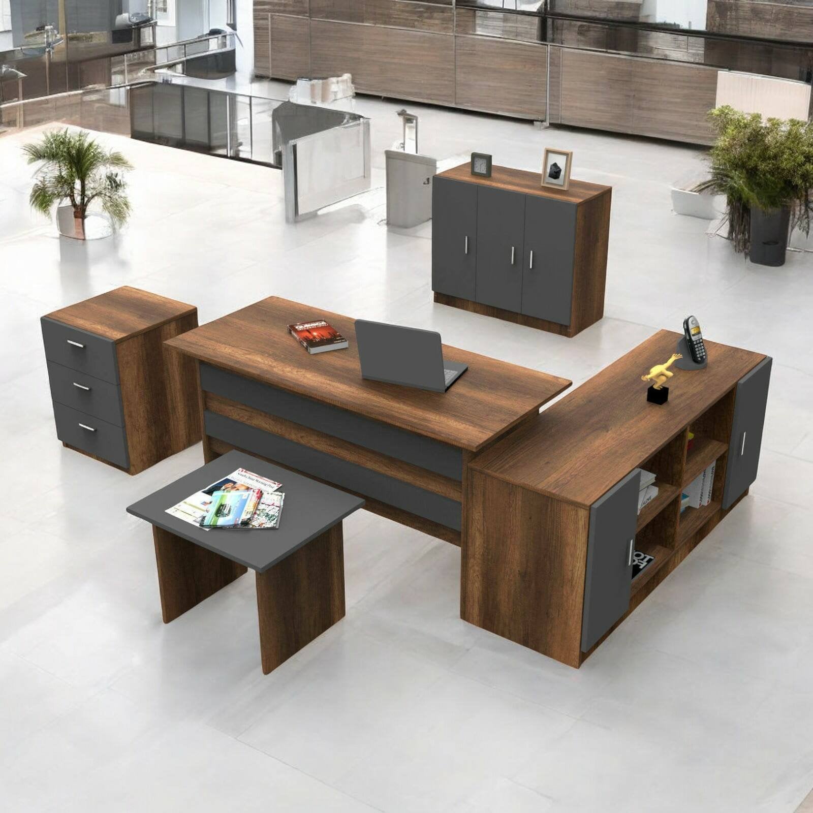 Set da ufficio Nari, Composizione da studio, Kit ufficio, Set scrivania e cassettiera, Noce e Antracite