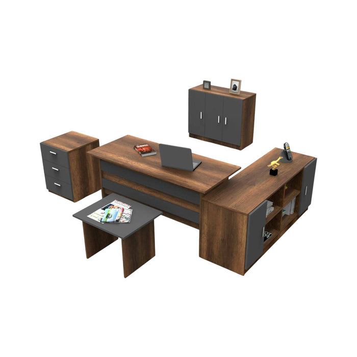 Set da ufficio Nari, Composizione da studio, Kit ufficio, Set scrivania e cassettiera, Noce e Antracite