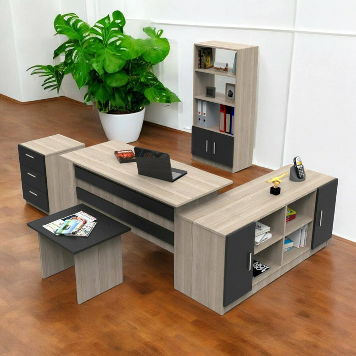 Set da ufficio Hilda, Composizione da studio, Kit ufficio, Set scrivania e cassettiera, Quercia e Nero