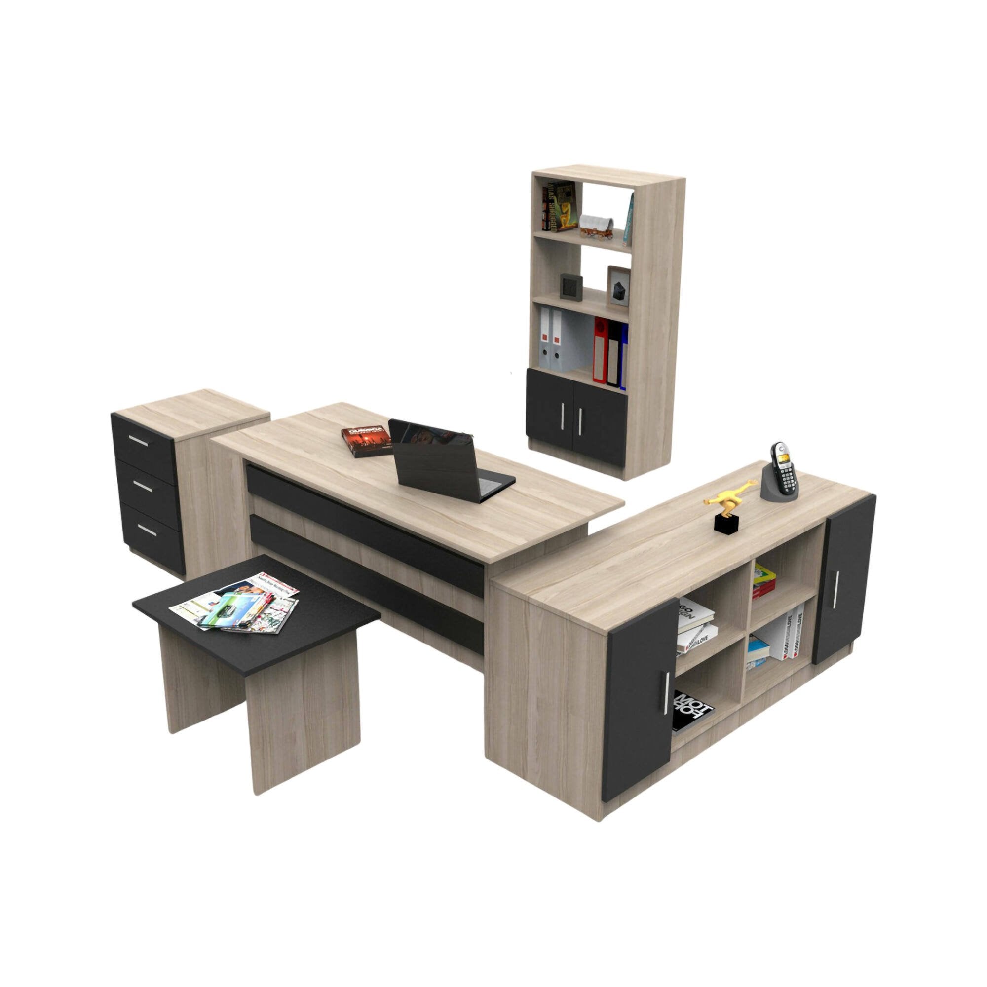 Set da ufficio Hilda, Composizione da studio, Kit ufficio, Set scrivania e cassettiera, Quercia e Nero