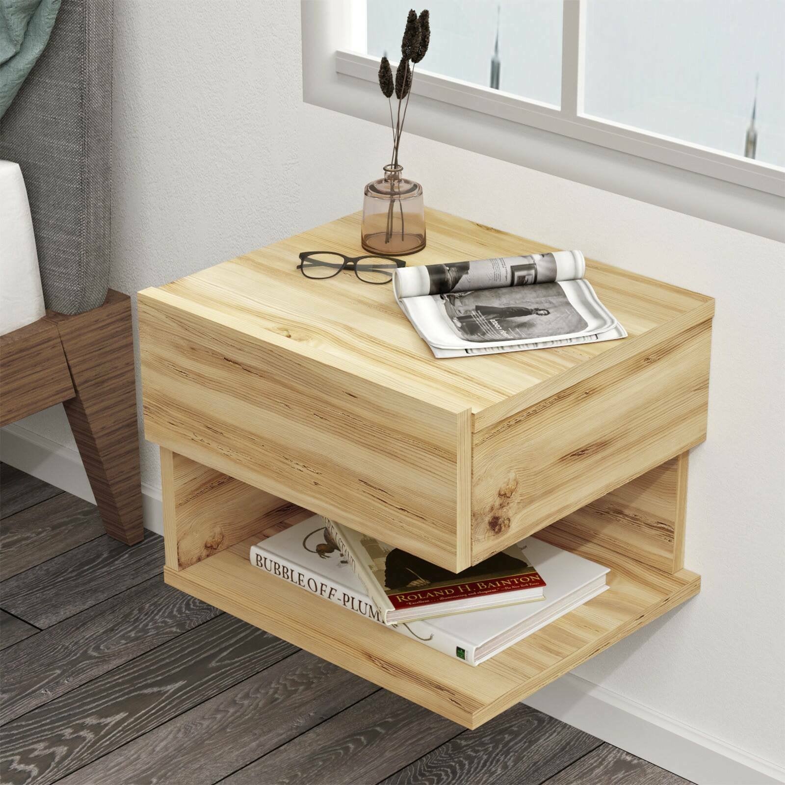 Comodino Gerardo, Comò basso, Tavolino da notte, Mensola da letto, 40x31 h35 cm, Quercia